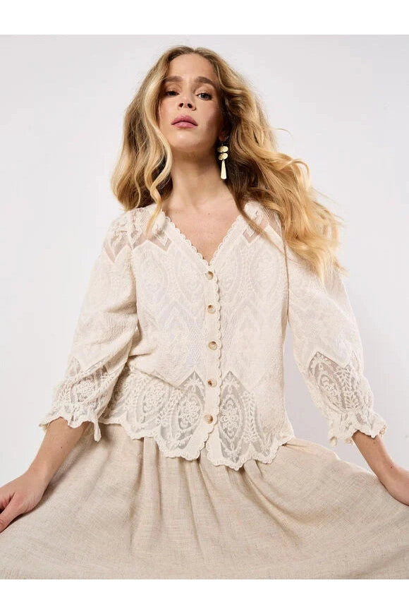 APRICOT Embroidered Cotton & Mesh Button Through Top 937413