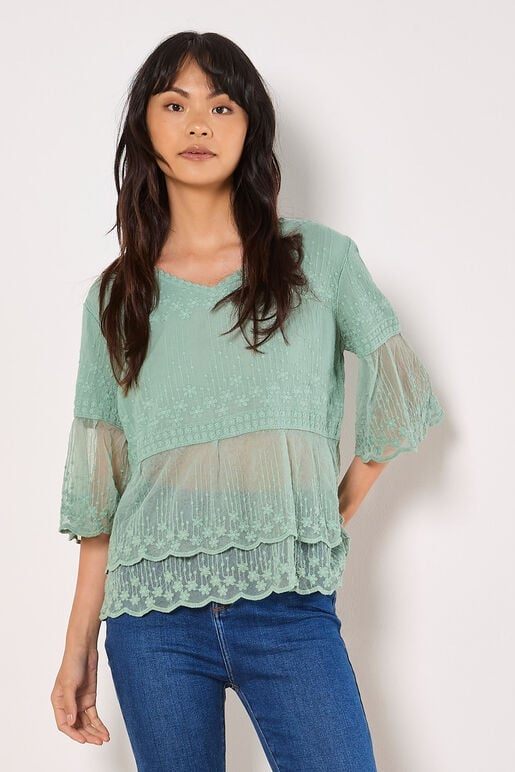 APRICOT Cotton Embroidered Mesh Top Seafoam 957572