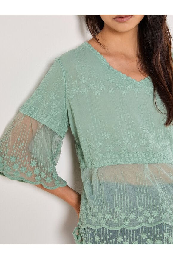 APRICOT Cotton Embroidered Mesh Top Seafoam 957572