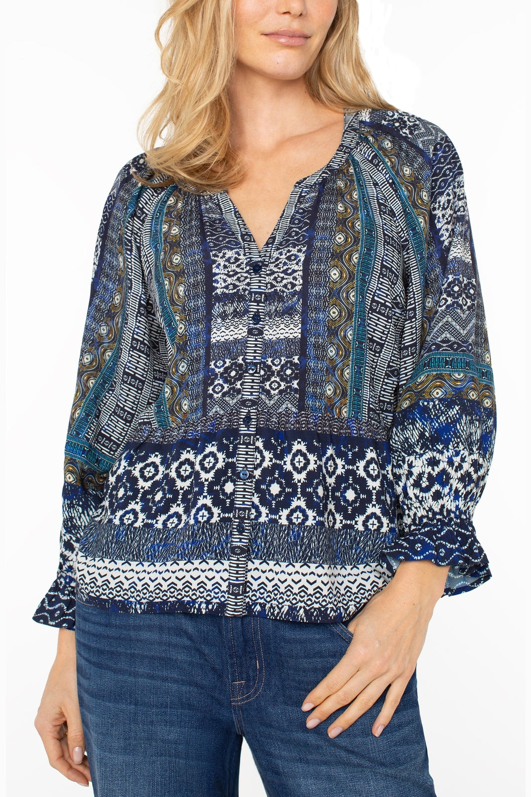 LIVERPOOL ¾ Sleeve Button Front Woven Blouse LM8J08HE9P