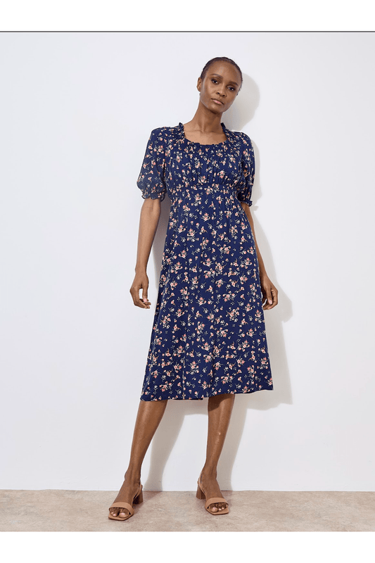 APRICOT Swirly Navy Milkmaid Midi Dress *FINAL SALE*