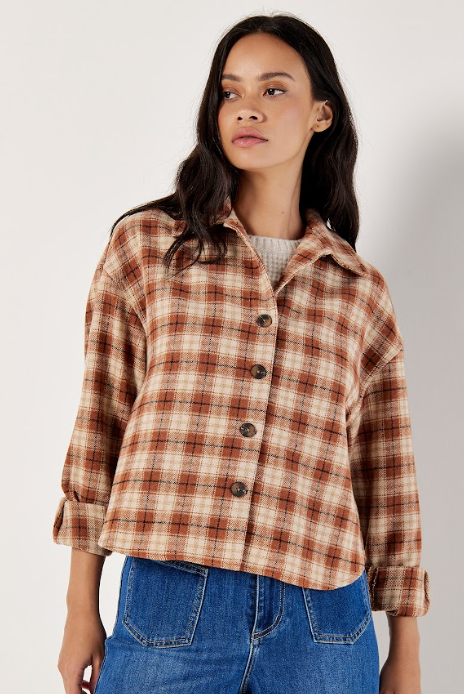APRICOT Plaid Cropped Raw Hem Shacket 878631