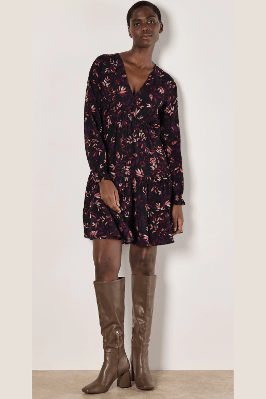 APRICOT Trailing Leaves Tier Button Dress