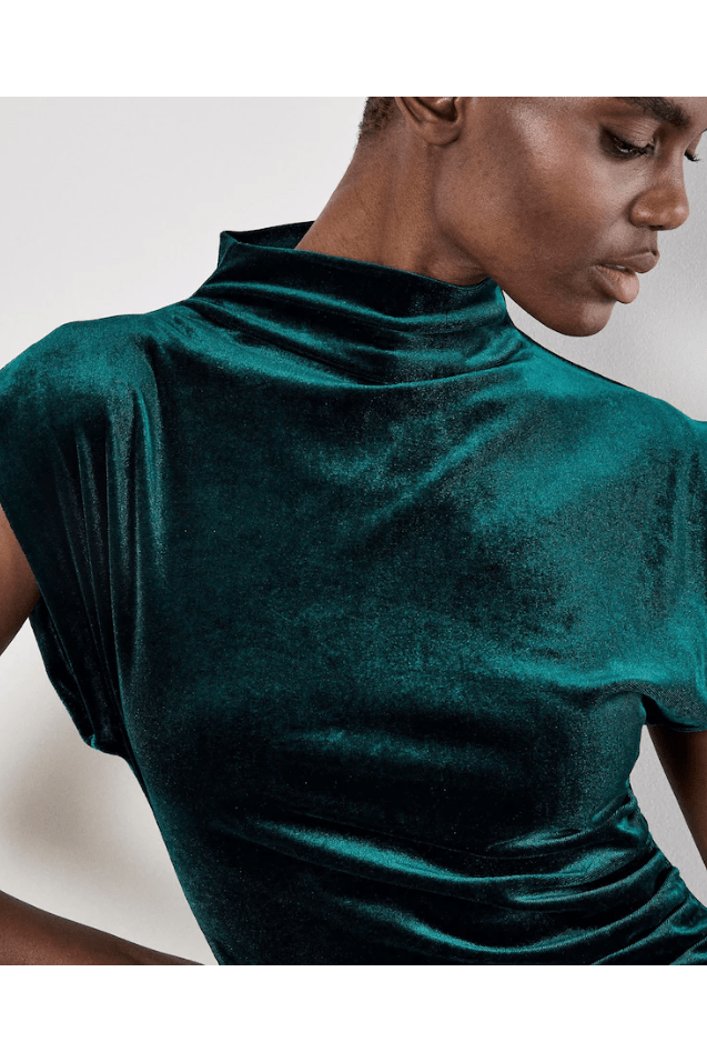 APRICOT Velvet Cowl Neck Ruched Dress