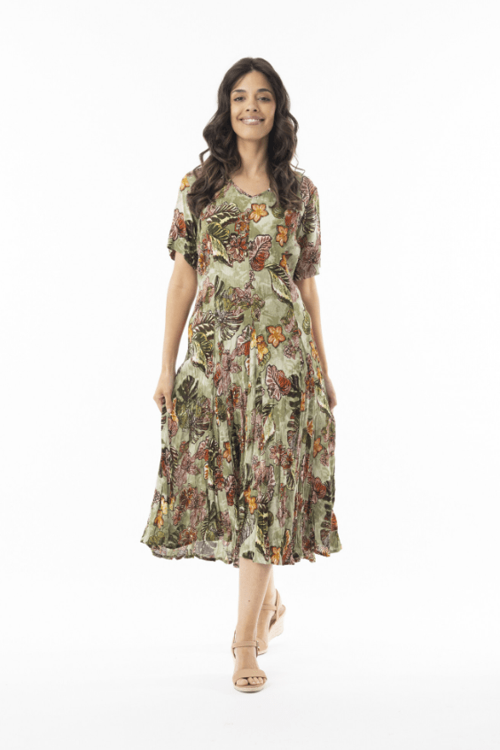 ORIENTIQUE Lima Olive Short Sleeve Godet Dress 20109