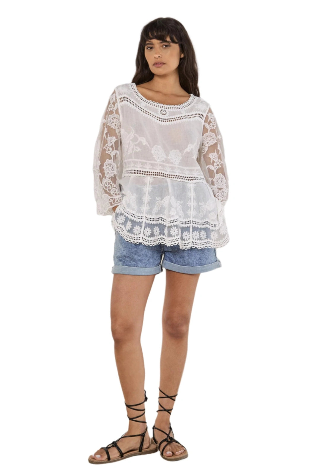 APRICOT Embroidered Mesh Oversized Peplum Top