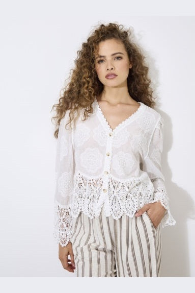 APRICOT Embroidered Daisies & Guipure Lace Hem Buton Thrutop 937376
