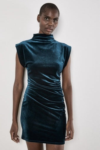 APRICOT Velvet Cowl Neck Ruched Dress