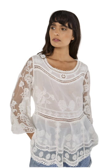 APRICOT Embroidered Mesh Oversized Peplum Top