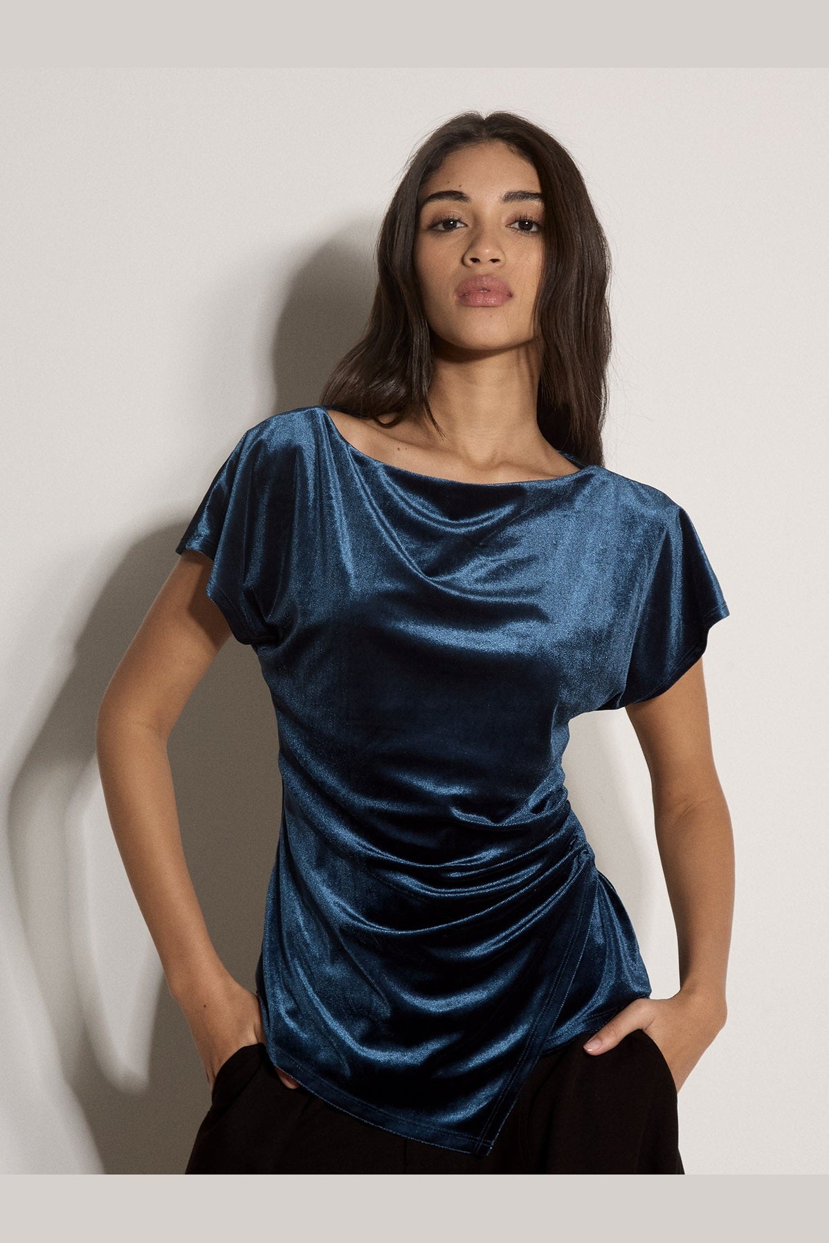 APRICOT Velvet Side Ruche Asymmetric Top