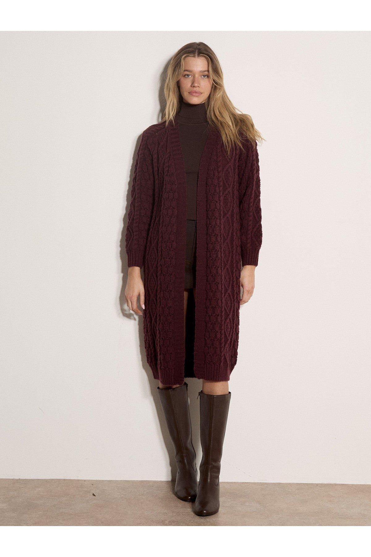 APRICOT Cable Knit Open Midi Cardigan