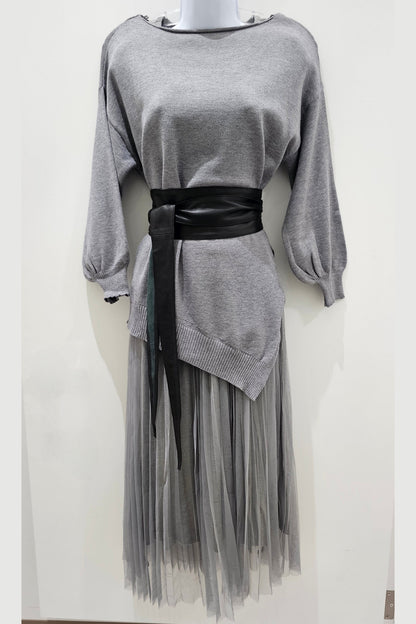ME & GEE 35-232002 2 pce Pleated Dress w/slip & Asym. Sweater