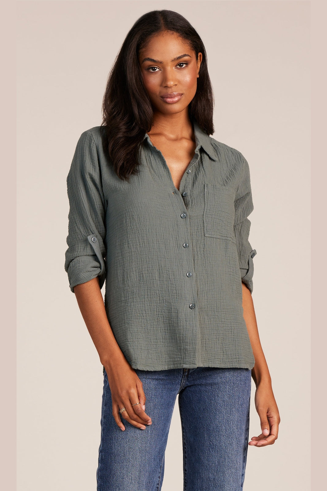 BOBI Tab Sleeve Button Front Shirt 57E-72257