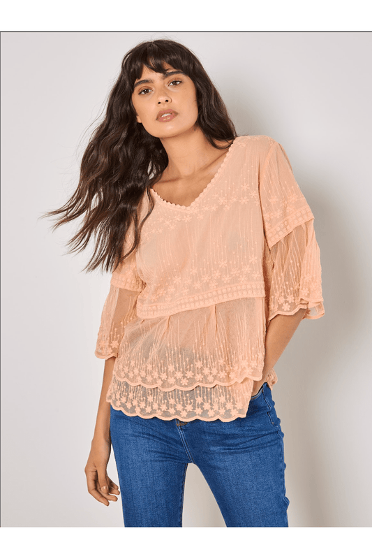 APRICOT Cotton Embroidered Mesh Top Peach 957602