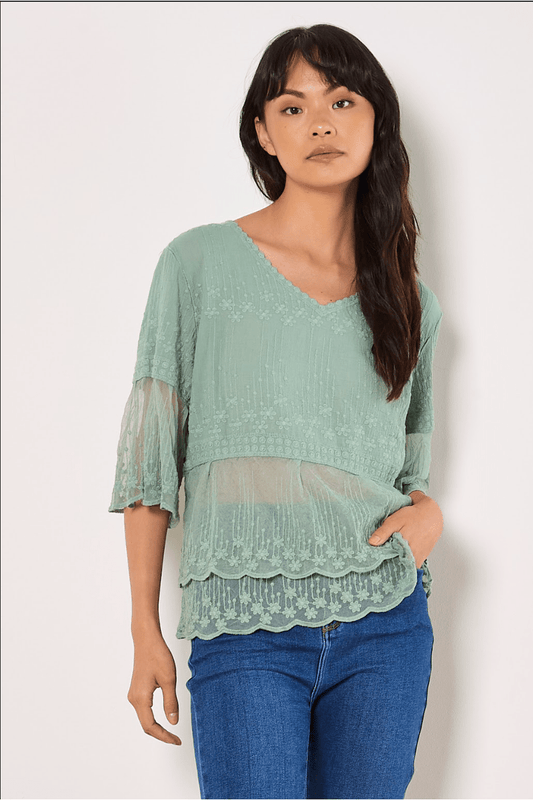 APRICOT Cotton Embroidered Mesh Top Seafoam 957572