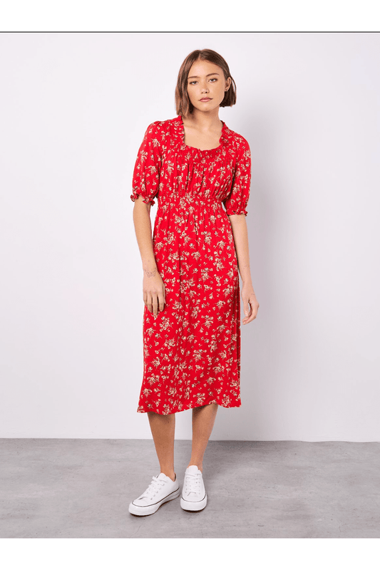 APRICOT Swirly Red Milkmaid Midi Dress