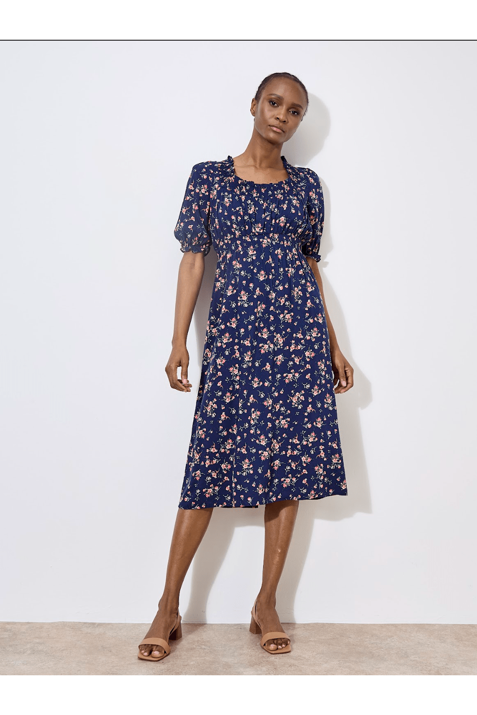 APRICOT Swirly Navy Milkmaid Midi Dress