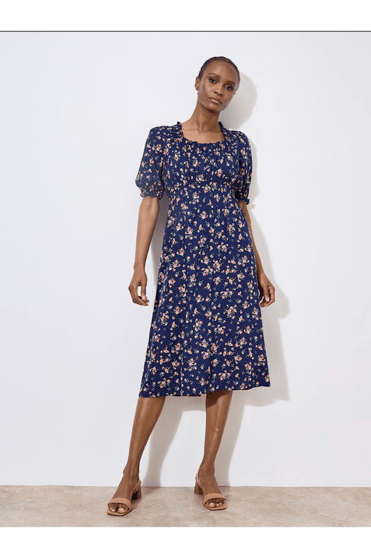 APRICOT Swirly Navy Milkmaid Midi Dress