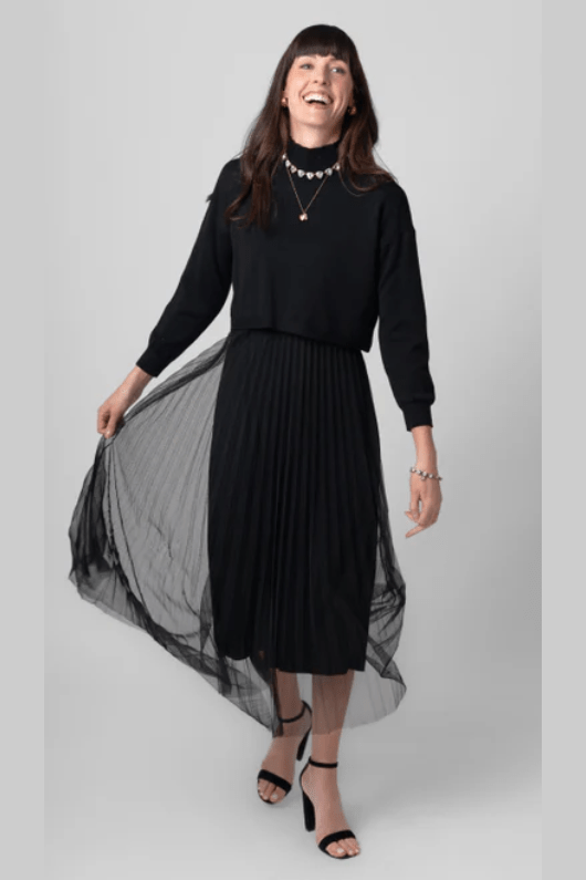ME & GEE 35-232002 2 pce Pleated Dress w/slip & Asym. Sweater
