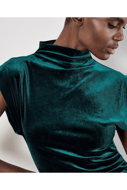 APRICOT Velvet Cowl Neck Ruched Dress