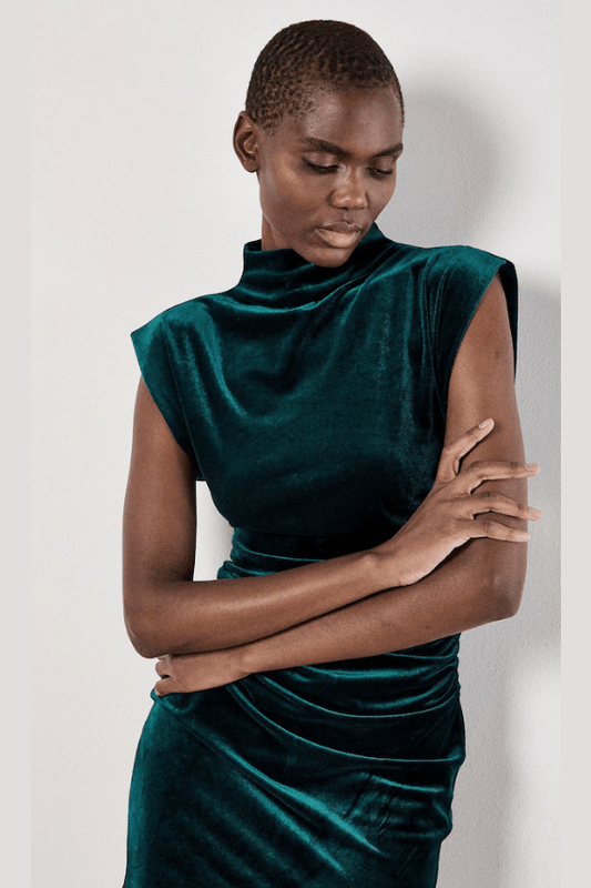 APRICOT Velvet Cowl Neck Ruched Dress