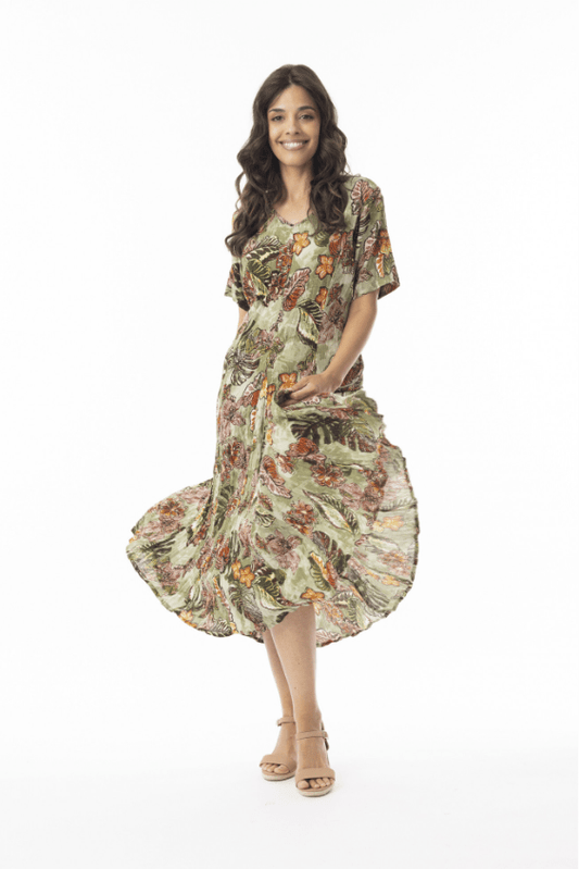 ORIENTIQUE Lima Olive Short Sleeve Godet Dress 20109