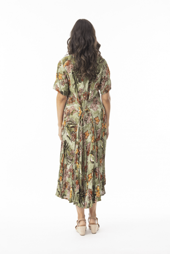 ORIENTIQUE Lima Olive Short Sleeve Godet Dress 20109