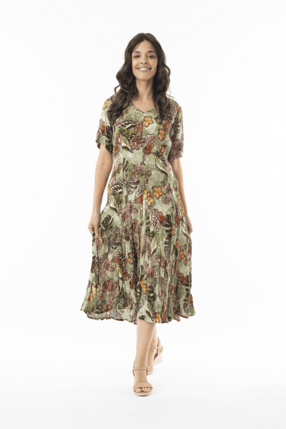 ORIENTIQUE Lima Olive Short Sleeve Godet Dress 20109