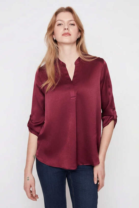 RENUAR Waffle Texture V-Neck Blouse with Tab Sleeves R5067-373