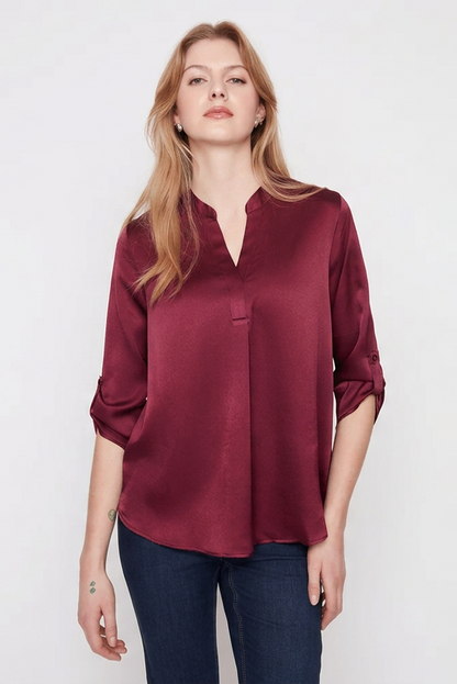 RENUAR Waffle Texture V-Neck Blouse with Tab Sleeves R5067-373