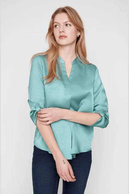 RENUAR Waffle Texture V-Neck Blouse with Tab Sleeves R5067-373