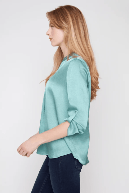 RENUAR Waffle Texture V-Neck Blouse with Tab Sleeves R5067-373