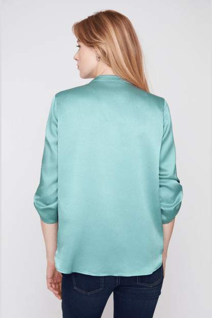 RENUAR Waffle Texture V-Neck Blouse with Tab Sleeves R5067-373