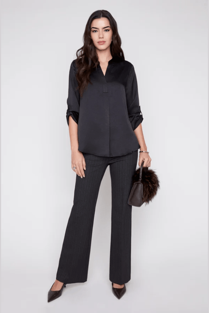 RENUAR Waffle Texture V-Neck Blouse with Tab Sleeves R5067-373