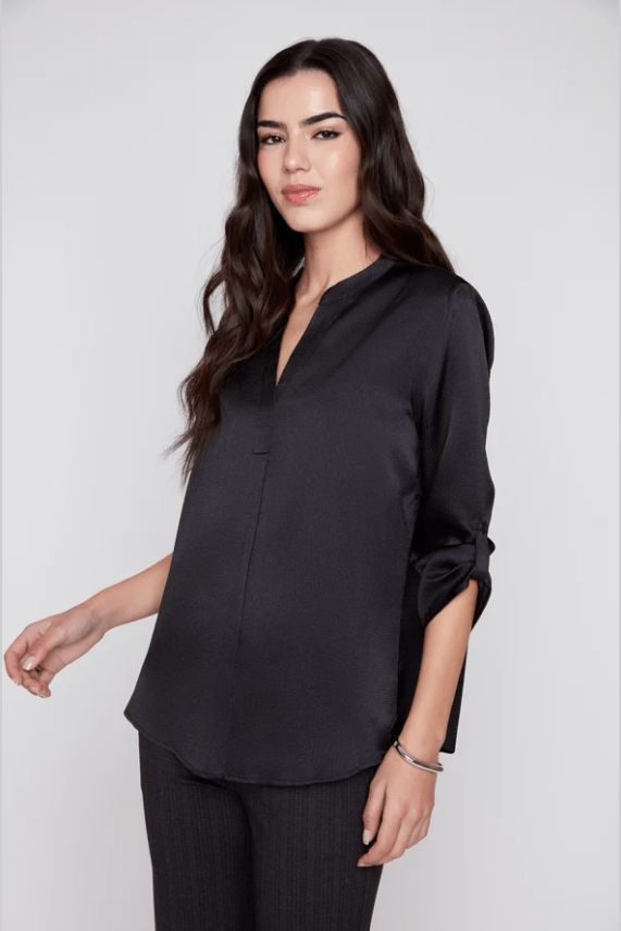 RENUAR Waffle Texture V-Neck Blouse with Tab Sleeves R5067-373