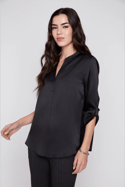 RENUAR Waffle Texture V-Neck Blouse with Tab Sleeves R5067-373