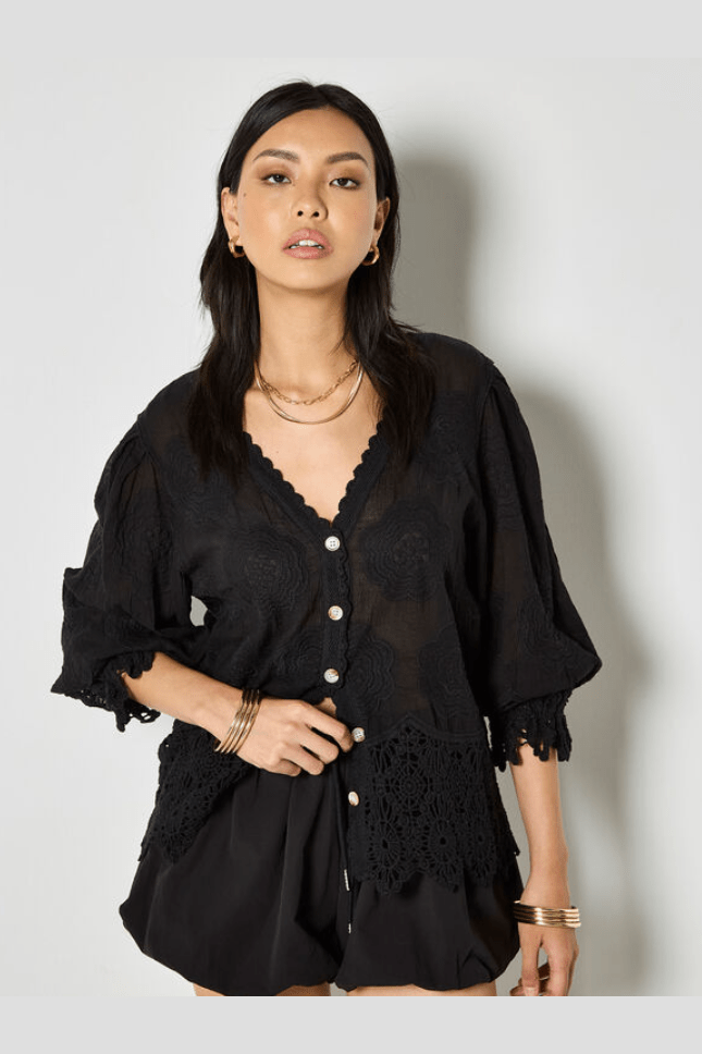 APRICOT Embroidered Daisies Lace Hem Top