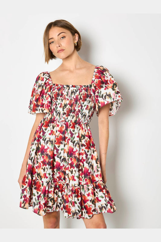 APRICOT Smocked Ikat Floral Cotton Dress