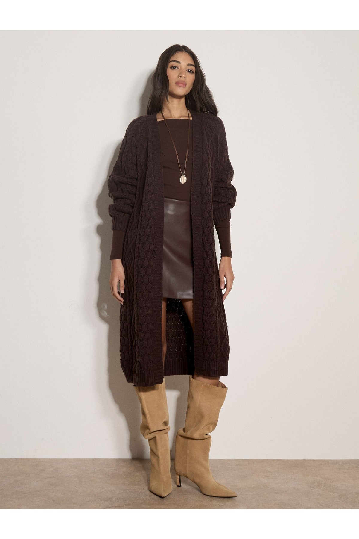 APRICOT Cable Knit Open Midi Cardigan